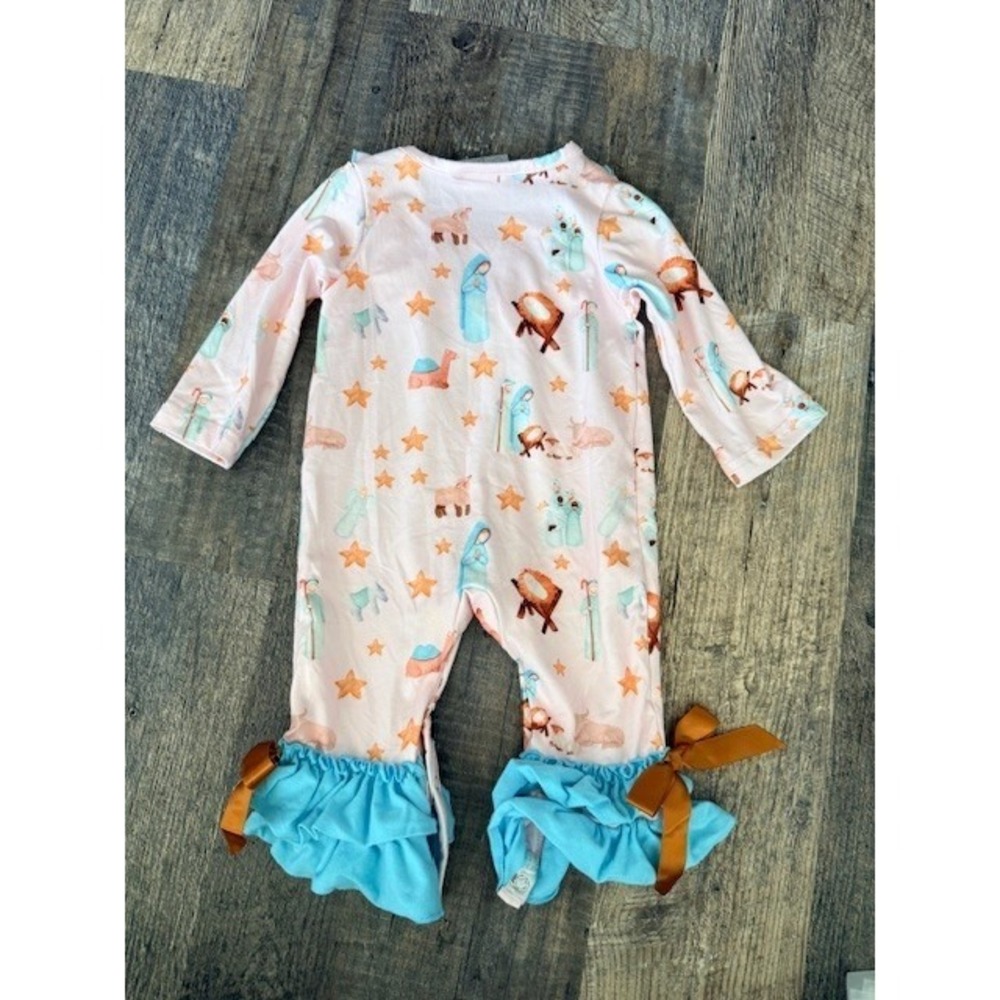 The Bow Co Nativity Scene Pink Ruffle Romper Baby Girls 3-6M Christmas Pajamas - Picture 7 of 7